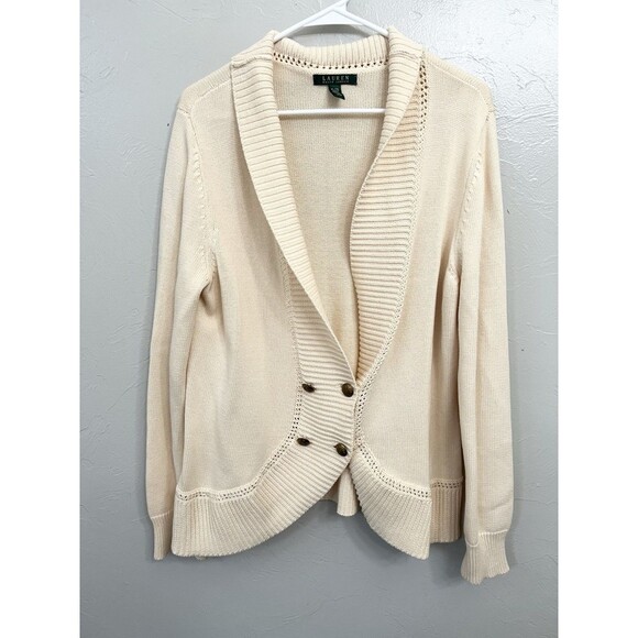 Lauren Ralph Lauren Women’s Size XL Cream Cotton Shawl Collar V-Neck Sweater - Picture 2 of 9